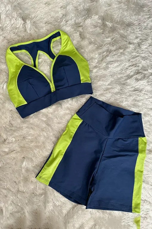 Strike Shorts and Bra Set - Blue/Lime Green | Fitnessee